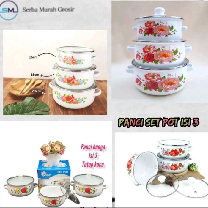 Panci Enamel/Panci Susun 3/Panci Reono+Tutup Kaca/Panci Set Fn 16-20Cm