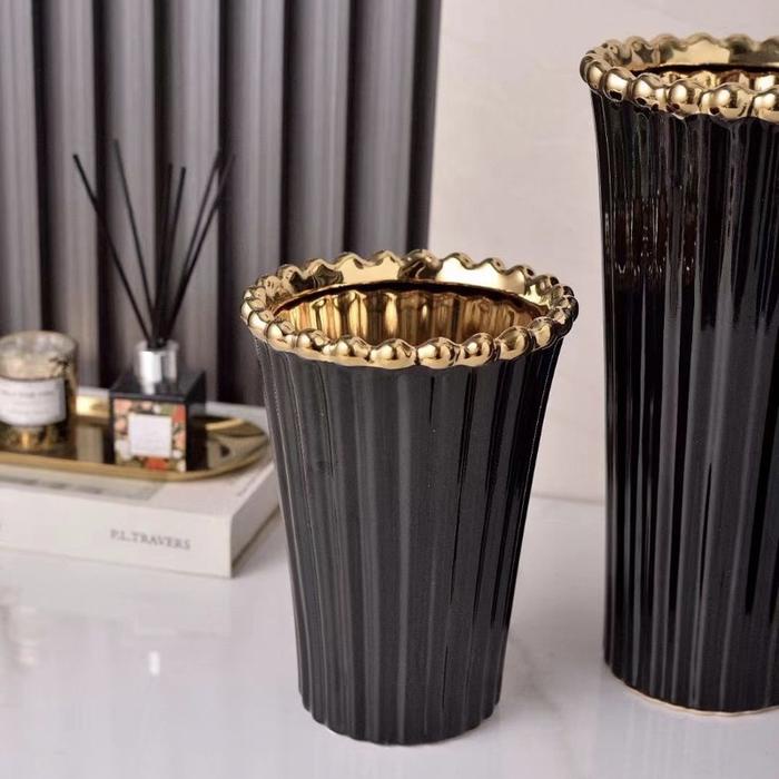 Cuci GUdang Cosmo Vase Gold Vas Bunga kerak hitam putih emas cantik garis tinggi besar