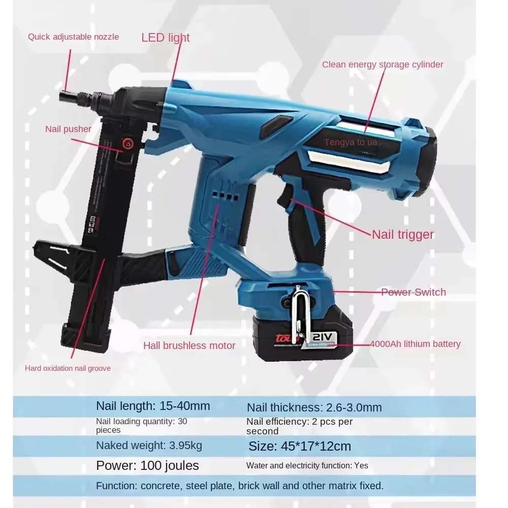 ELTRA DCCN40 Cordless Nail Gun with Lithium Battery 20V/4Ah 100J Electric Drive Steel Nail Gun