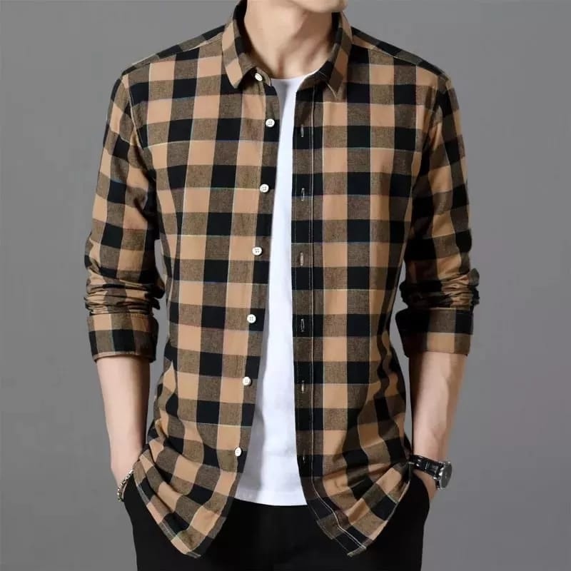 HOT DEALS Kemeja Flanel Pria Lengan Panjang Slim Fit Hem Cowok Motif Kotak Baju Modern Premium