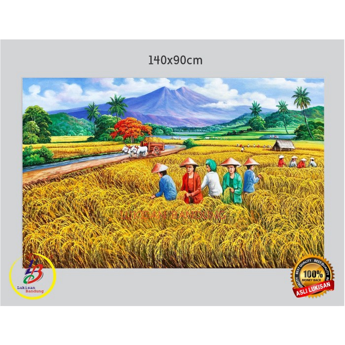 Lukisan Pemandangan Panen Padi sapi sawah gunung