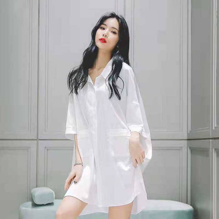 OBRAL Piyama baju tidur putih kemeja Dress panjang sexy bahan Chiffon