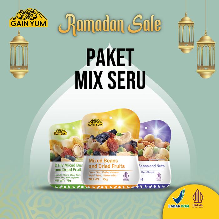 

terbaru !!! new [ mix seru ] gain yum snack - bundling mix seru (1x mixed beans and nuts 75g, 1x