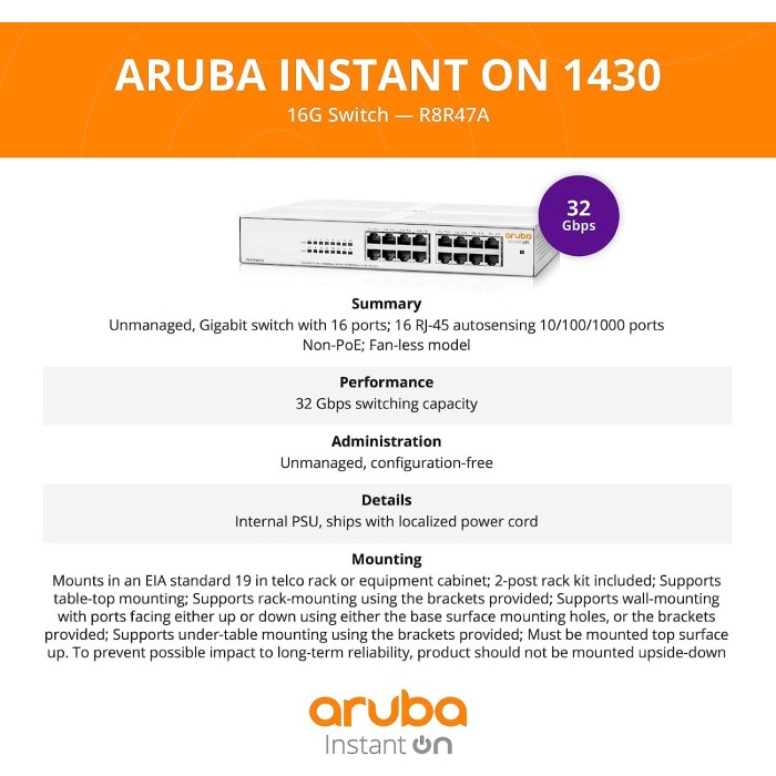 HP R8R47A Aruba Instant On 1430-16G 16 Port Gigabit Unmanaged Swit