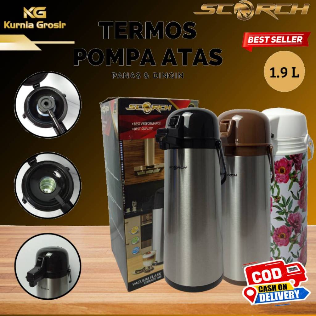 Termos Air Panas Pencet Scorch 1,9 Liter Stainless Steel Termos Pencet Scorch Tahan panas awet
