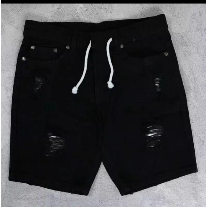 top Celana Jeans Pendek Sobek Pria Celana Jeans Sobek Pendek Cowok Distro Hitam