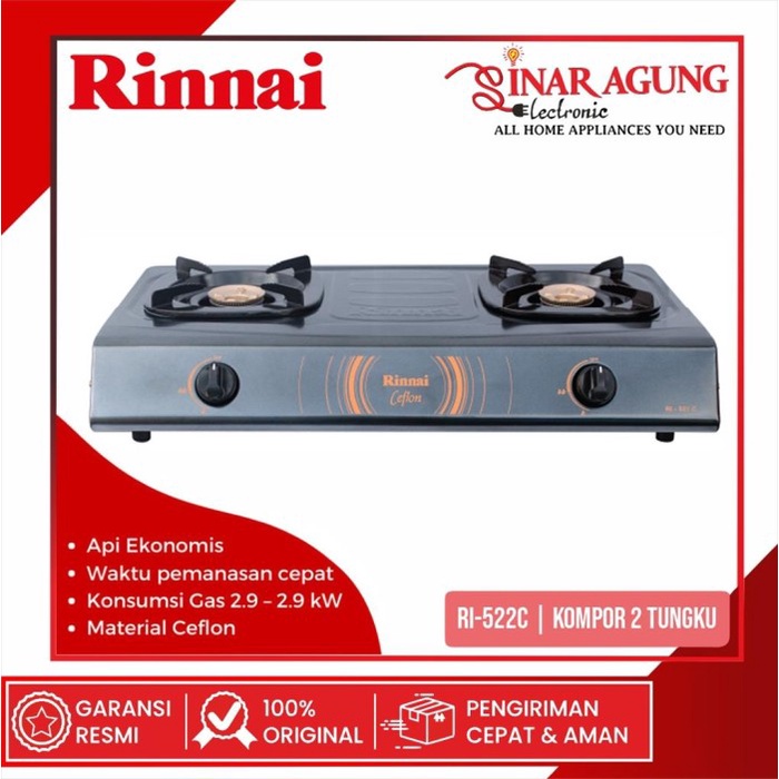 Rmy - Rinnai Kompor Gas 2 Tungku Ri-522C / Ri 522 C / Ri522C Teflon100% Ori