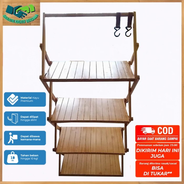 PREMIUM Rak lipat luar penyimpanan Camping Piknik ruangan Rak Lipat Meja lipat kayu 3/4 susun