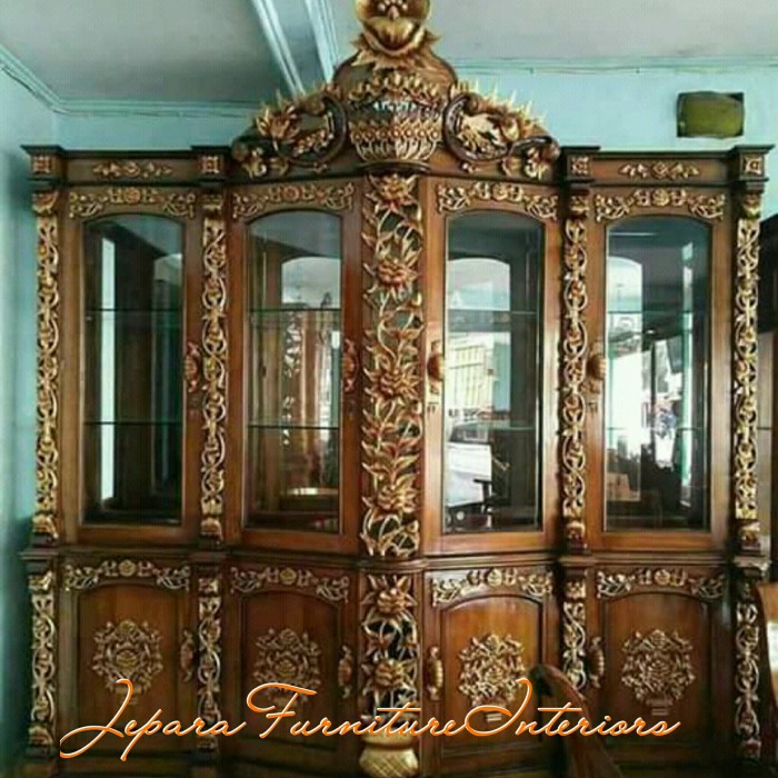 PREMIUM LEMARI HIAS KACA BUFET PAJANGAN KAYU JATI UKIRAN JEPARA 4 PINTU MEWAH