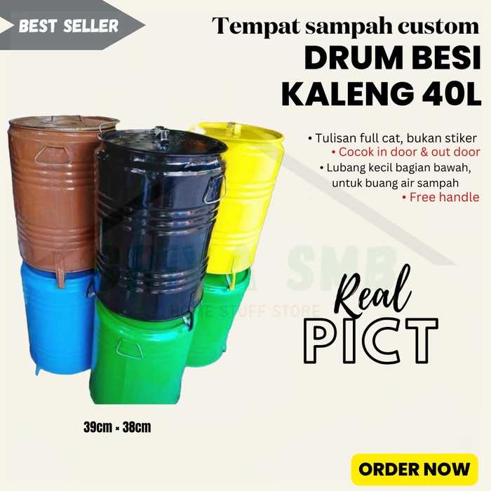 PREMIUM Tempat Sampah / Tong Sampah / Pot Drum Besi Besar 40liter Warna