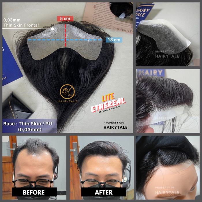 TERBARU Toupee/tutup botak dahi pria, Thin skin (PU) 3x18cm, 100% Human Hair