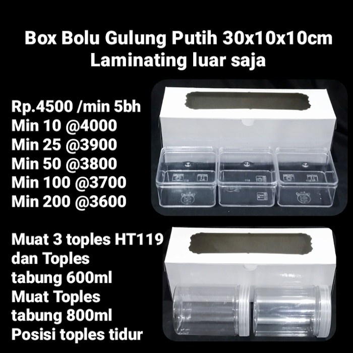 [Masih] Box Bolu Gulung 30x10x10cm Putih Laminating luar saja -