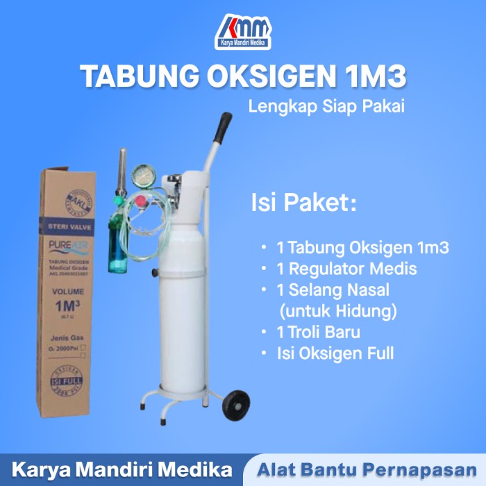 Ready Tabung Baru 1M3 Isi Oksigen + Regulator Pernapasan Oksigen + Trolly