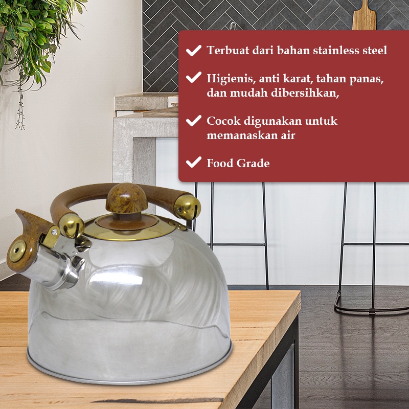 Favorit ROSH Teko / Ketel / Ceret 3 Liter Whistling Kettle Wooden Stainless Steel Anti Karat ROS