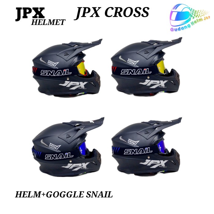 Helm Cross JPX Cross Polos Hitam Gloss plus goggle Snail