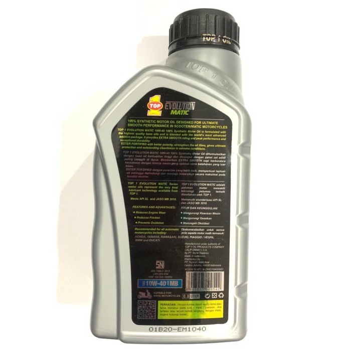 OLI MOTOR MATIC TOP 1 SMO ESTER EVOLUTION MATIC SAE 10W40 800ML ORI