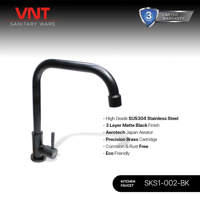VNT Kran Cuci Piring Black Stainless Tanam Keran Dapur Leher Angsa