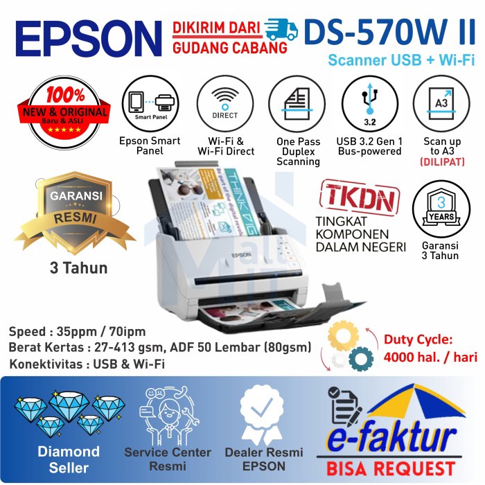 Scanner Epson WorkForce DS-570W II DS570W DS570W II DS570WII A3 WiFi
