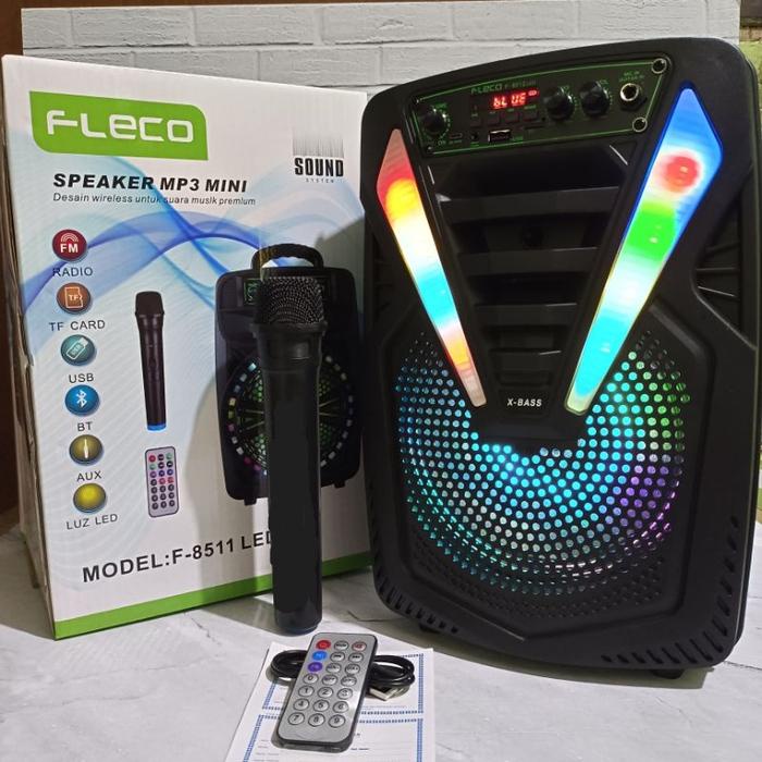 terbaru  fleco speaker bluetooth karaoke fleco f 8511/ f 8512 led 8.5 inch bonus mic wireless