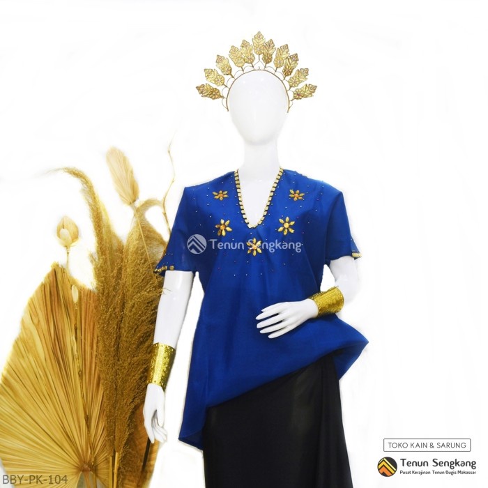 FREE ONGKIR Baju Bodo Berpayet Adat Bugis Tokko Asli Lengan Pendek Biru BBY-PK-104