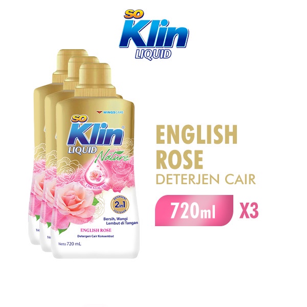 Soklin Deterjen Cair English Rose Bersih Wangi Lembut Botol 720Ml X 3