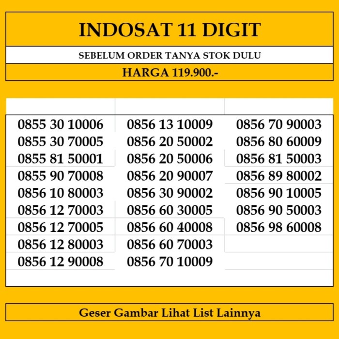 Nomor Cantik Indosat 11 Digit Kartu Perdana Prabayar Im 3 Ooredoo 10 TERLARIS/TERMURAH/TERPOPULER