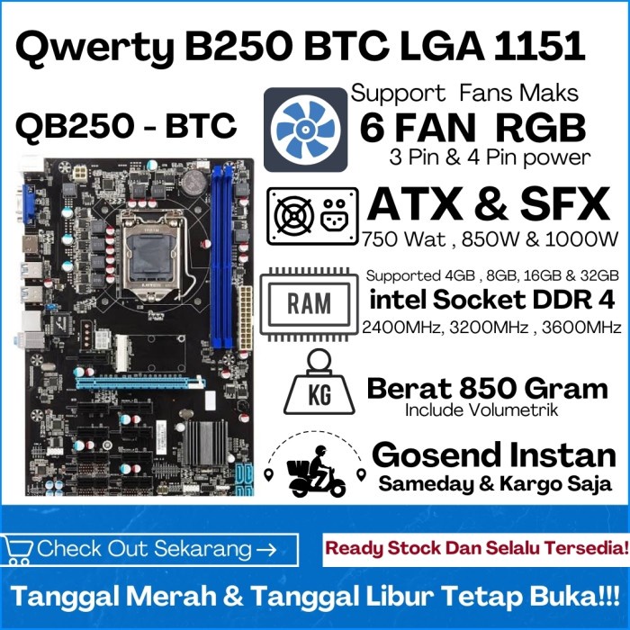 MOTHERBOARD QWERTY B250 DDR4 B250-BTC 2400MHZ 12 X PCI-E LGA 1151 NEW