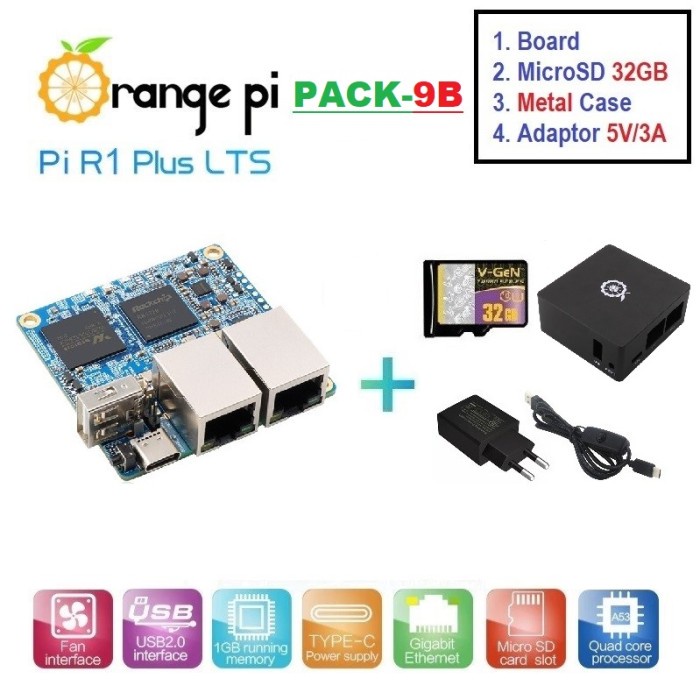 TERMURAH PACK-9B : ORANGE PI R1 PLUS LTS (1GB) + METAL CASE + MICROSD + ADAPTOR BERKUALITAS