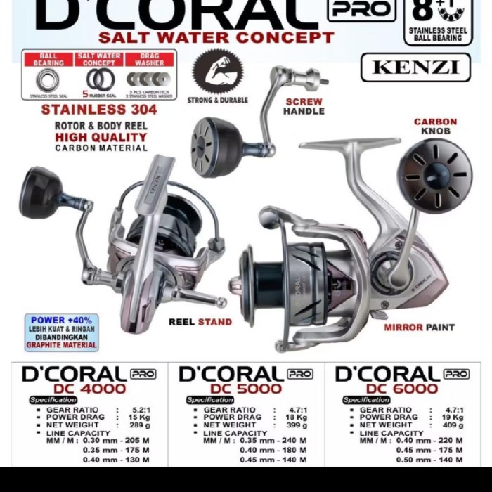 REEL KENZI D CORAL SALTWATER SW 1000 2000 3000 5000 6000 POWER HANDLE
