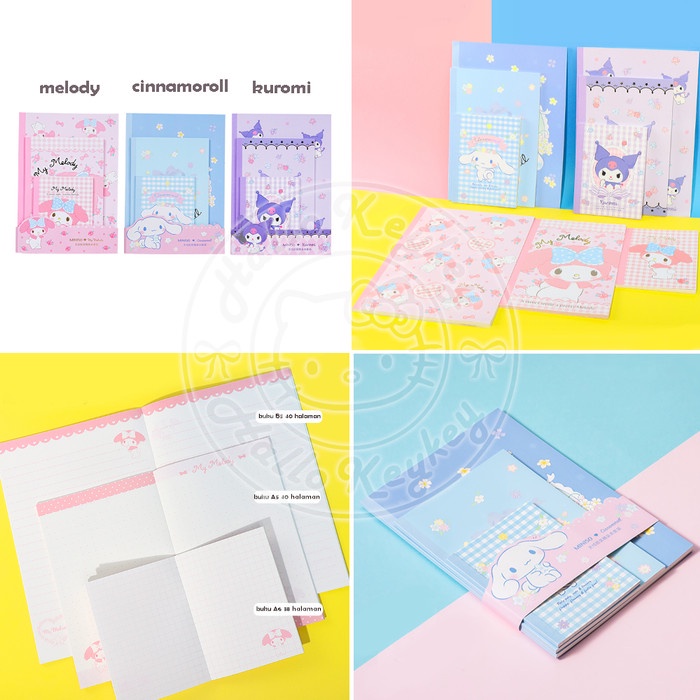 

set buku tulis 3 ukuran melody cinnamoroll kuromi original sanrio Kode 1386