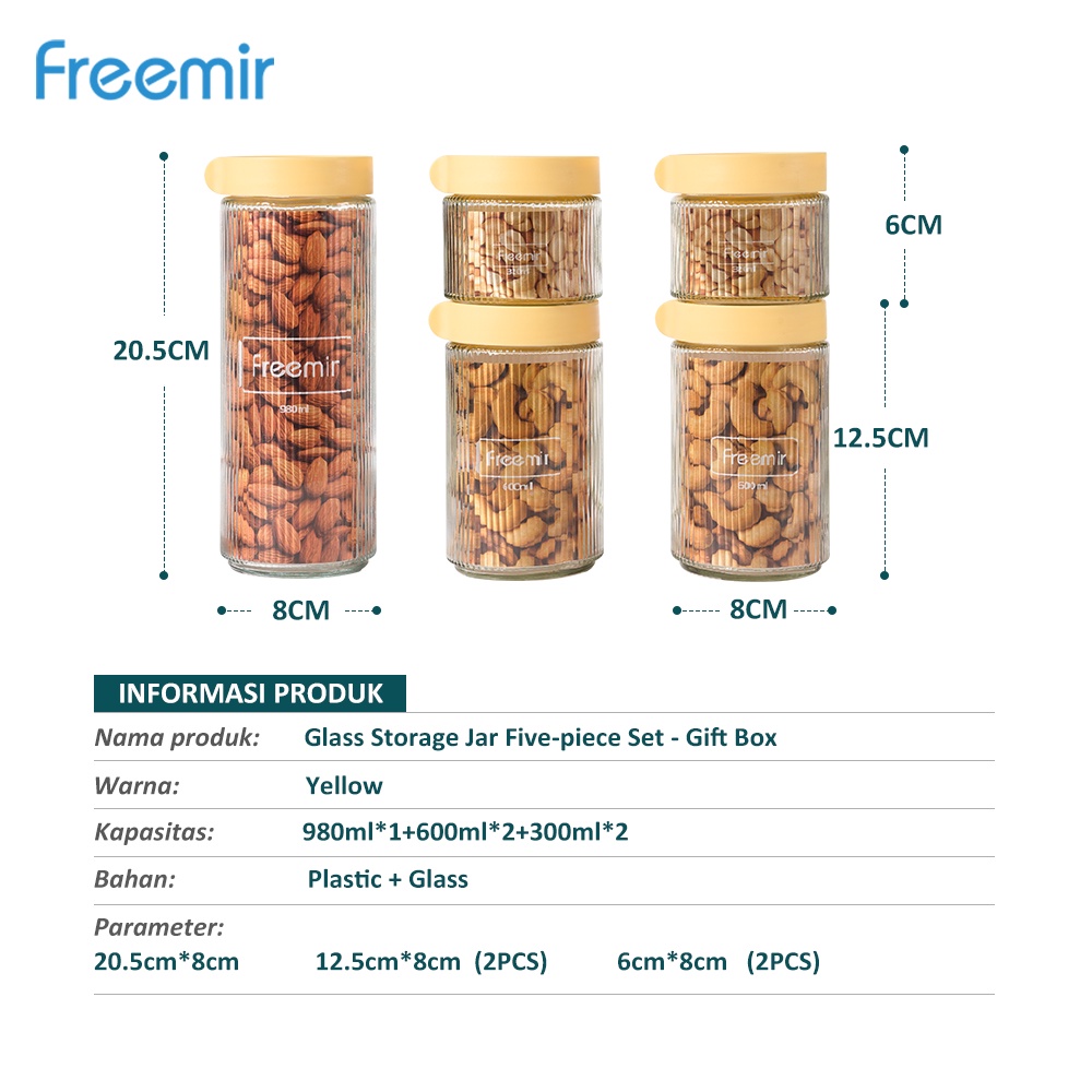 

[KOTAK BUMBU] freemir Toples Kaca Lebaran Set 5Pcs Storage Food Grade untuk Snack Cemilan