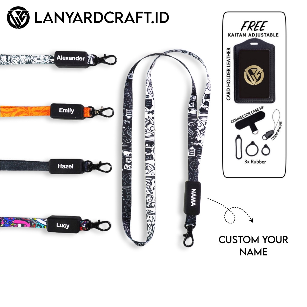

iK! KS Lanyard Craft Custom Nama Doodle Series 1cm Request Nama Satuan Gantungan Card Holder Tali