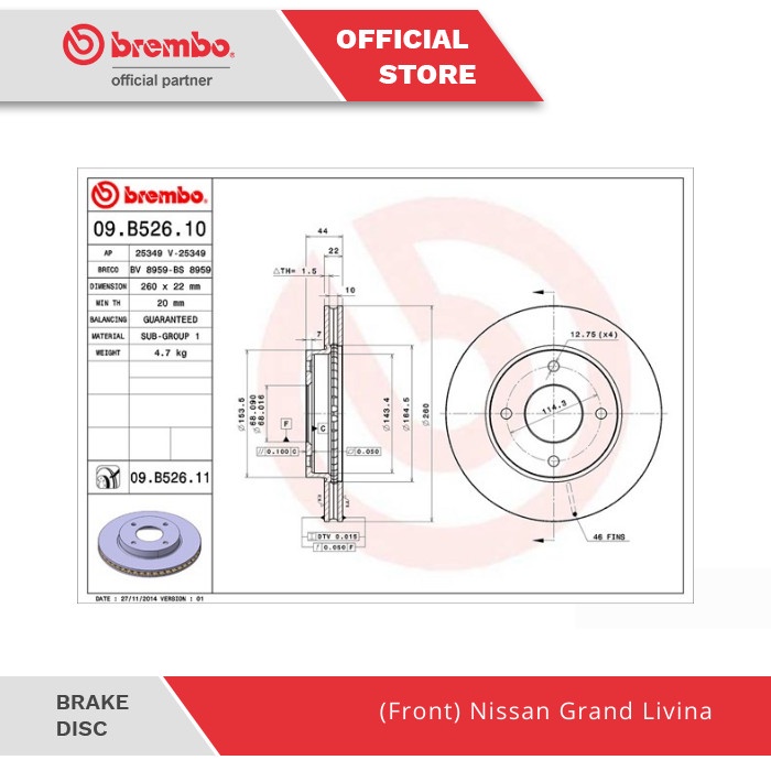[Good] Brake Disc BREMBO Nissan Grand Livina - 09.B526.11 (Front)