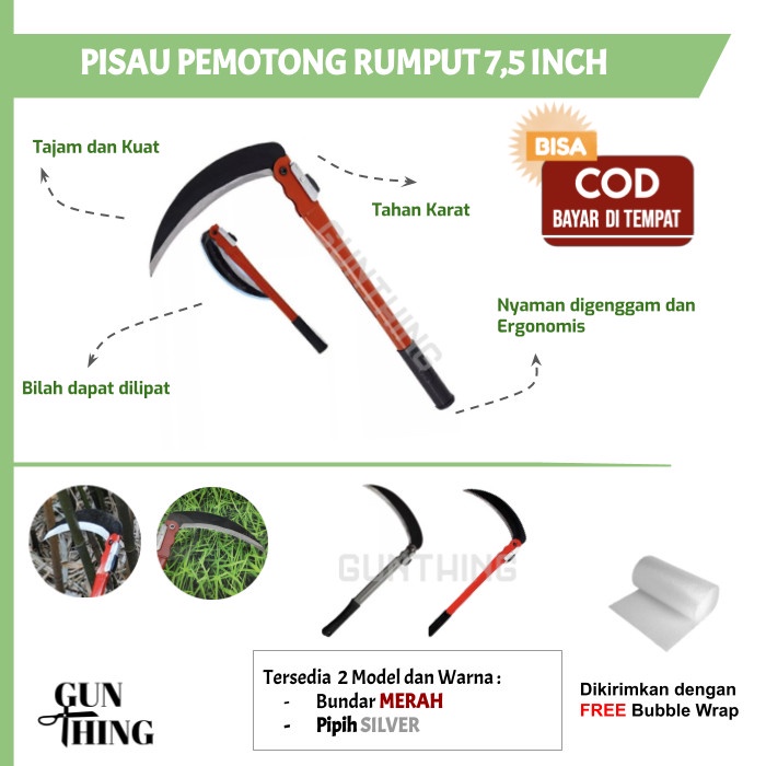 Sabit Lipat Pisau Pemotong Kebun Tanaman, Pemangkas 7.5 Inch TERMURAH - Bundar Merah L9K2