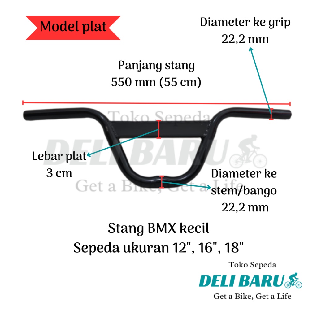 Stang BMX diamater 22.2 mm sepeda anak ukuran 12, 16, 18