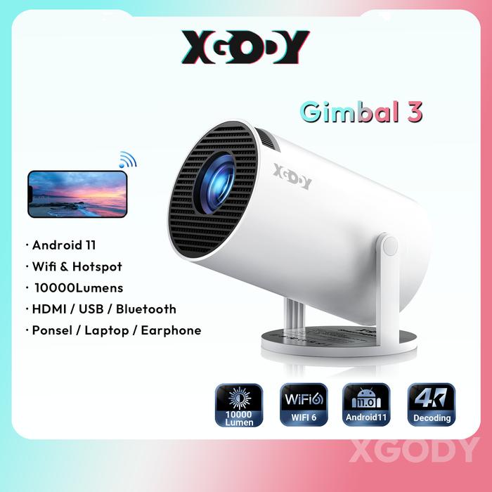 Xgody Gimbal 3 Smart Proyektor Lcd - Android 11.0- Hd 720P - Auto Keystone - Hdmi -Wireless