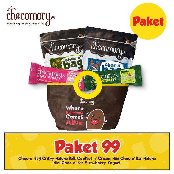 

Paket 99 Chocomory berisi Chocobag Crispy Matcha Ball, Chocobag Cookies n Cream, Mini Chocobar