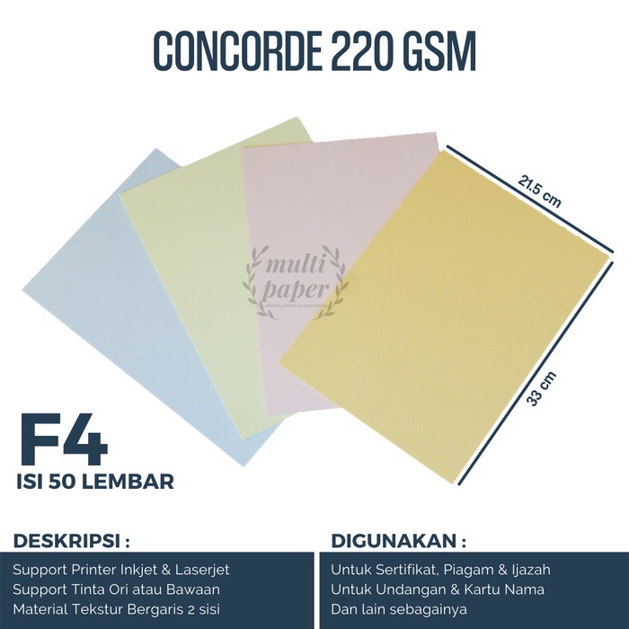 

ATKJaya- Kertas Concorde F4 220gr isi 50 lembar / Kertas Sertifikat