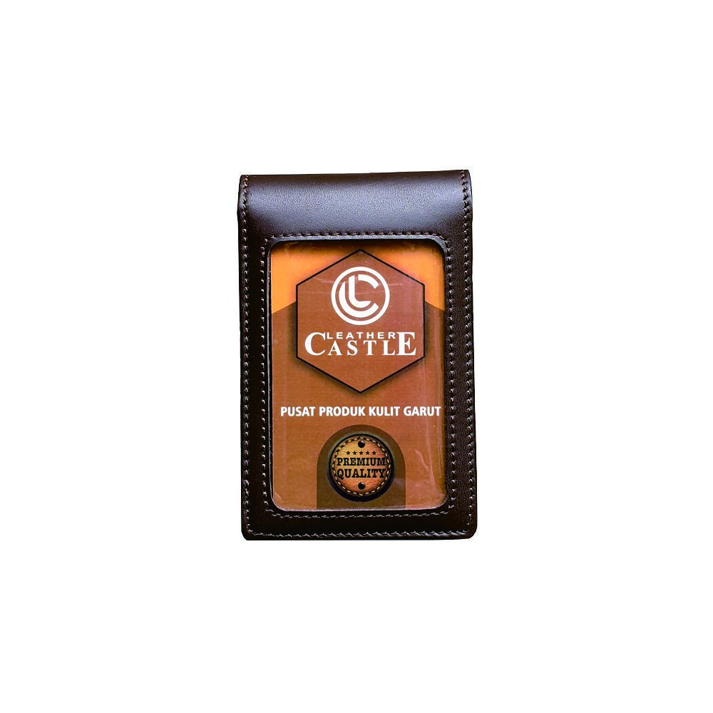 

ID Card Name Tag Holder Kulit Leather Castle Warna Coklat Double Flip Magnet