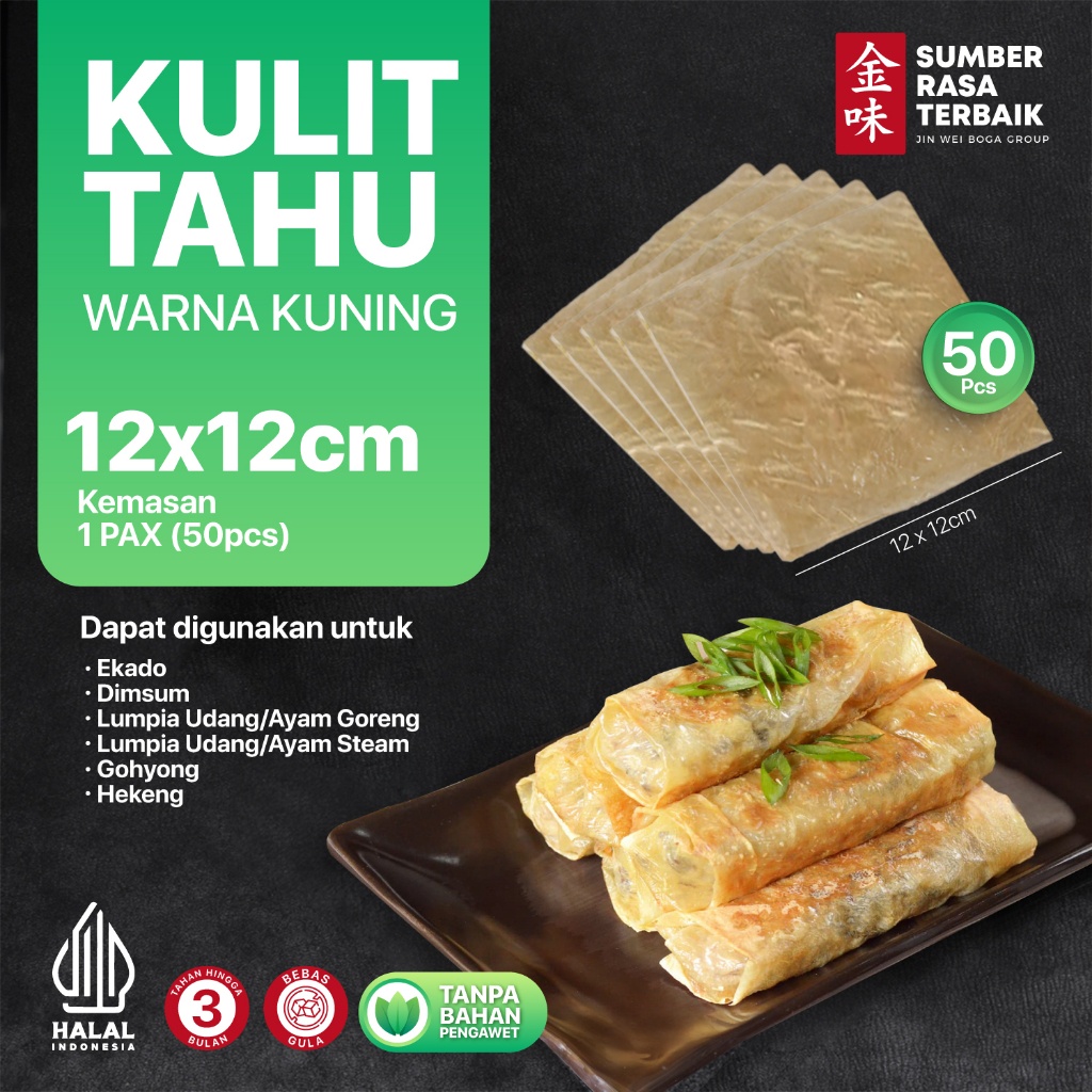 

SRT - KULIT TAHU TAWAR KUNING 12X12, ISI 50PCS HALAL LENTUR COCOK UNTUK LUMPIA AYAM,HEKENG,GOHYONG