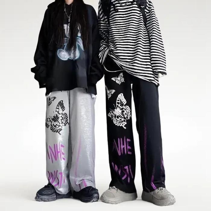 KeCe Celana gothic pants cargo wanita pria Wideleg style unisex kekinian Panjang Hitam Katun Casual