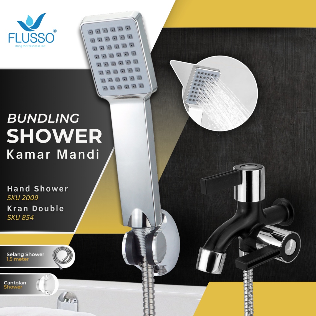 Awet Shower Set Kamar Mandi Terbaru + Kran Double Shower Hitam Silver Flusso Shower Mandi Satu Set