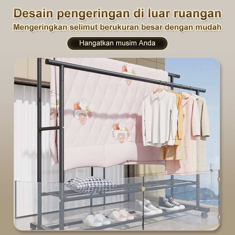 Rak Gantungan Baju Serbaguna Dengan Roda Double Stand Hanger Rak Gantungan Baju Besi Rak Jemuran