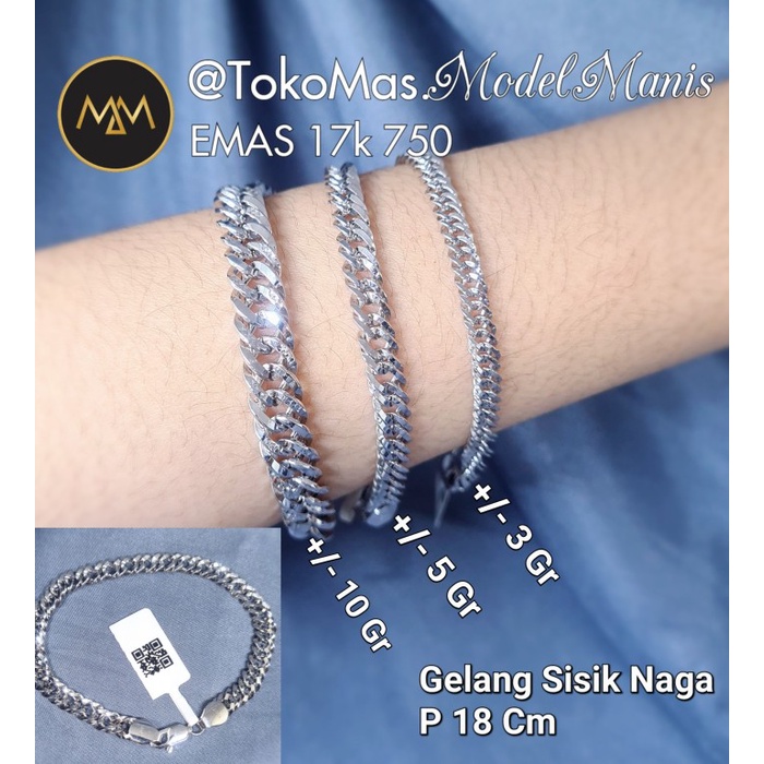 gelang sisik naga polos emas putih 750 kadar 17 K
