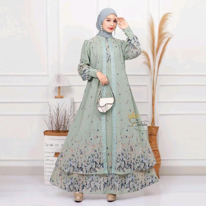 Delisha - Arrumi Dress / Gamis Sage Ceruty Baby Doll Premium Berfuring Mewah Busui Best Quality