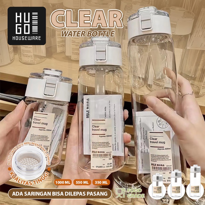 Terlaris Hugo Botol Minum Putih Transparan Bening Estetik Botol Air Minum Korea