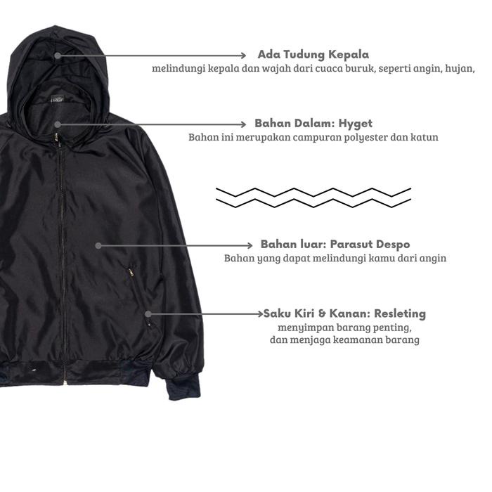 Jaket Parasut Olahraga [Windrunner] Polos - Hitam Pria Wanita Terbaru