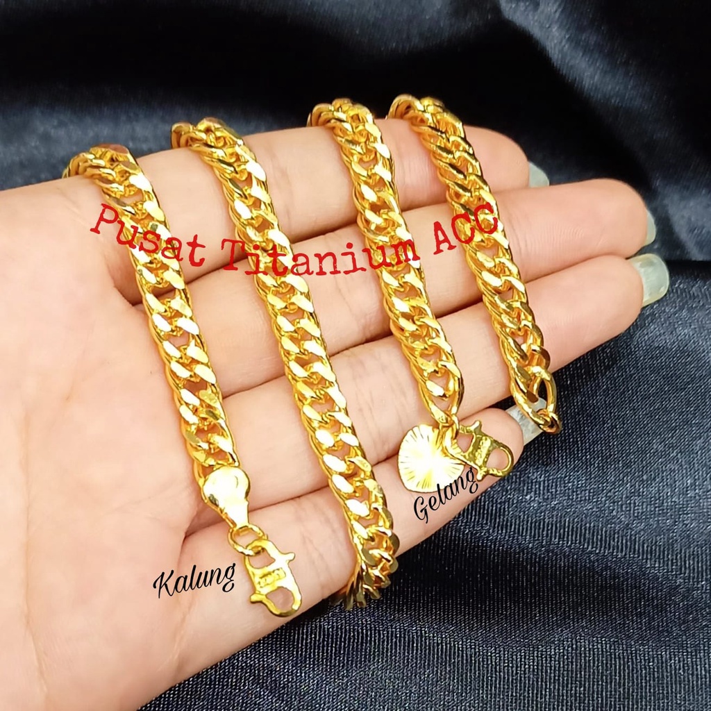 accDKI- SET GELANG+CINCIN TITANIUM EMAS LOGAM HONGKONG PT8924A PERHIASAN 24K ANTI KARAT & ANTI