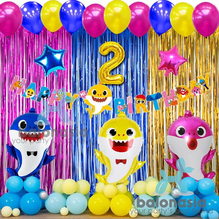 Balon Foil Ulang Tahun Baby Shark Sea 2 Tirai Set Anak