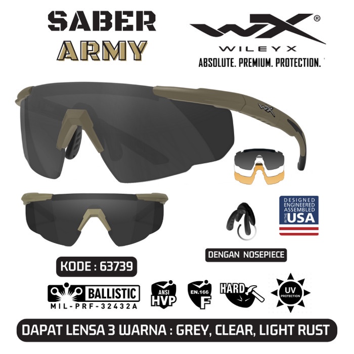 *TOP* WILEY X KACAMATA RIDING TACTICAL SUNGLASSES 3 LENSA SABER ARMY 63739